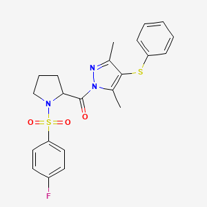 molecular formula C22H22FN3O3S2 B2991642 (3,5-dimethyl-4-(phenylthio)-1H-pyrazol-1-yl)(1-((4-fluorophenyl)sulfonyl)pyrrolidin-2-yl)methanone CAS No. 1009773-57-2