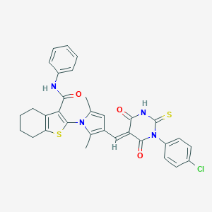 molecular formula C32H27ClN4O3S2 B299169 2-{3-[(1-(4-chlorophenyl)-4,6-dioxo-2-thioxotetrahydro-5(2H)-pyrimidinylidene)methyl]-2,5-dimethyl-1H-pyrrol-1-yl}-N-phenyl-4,5,6,7-tetrahydro-1-benzothiophene-3-carboxamide 