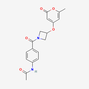 molecular formula C18H18N2O5 B2991692 N-(4-(3-((6-methyl-2-oxo-2H-pyran-4-yl)oxy)azetidine-1-carbonyl)phenyl)acetamide CAS No. 1795477-21-2