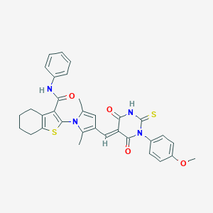 molecular formula C33H30N4O4S2 B299171 2-{3-[(1-(4-methoxyphenyl)-4,6-dioxo-2-thioxotetrahydro-5(2H)-pyrimidinylidene)methyl]-2,5-dimethyl-1H-pyrrol-1-yl}-N-phenyl-4,5,6,7-tetrahydro-1-benzothiophene-3-carboxamide 