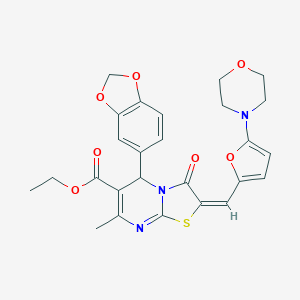 molecular formula C26H25N3O7S B299172 ethyl 5-(1,3-benzodioxol-5-yl)-7-methyl-2-{[5-(4-morpholinyl)-2-furyl]methylene}-3-oxo-2,3-dihydro-5H-[1,3]thiazolo[3,2-a]pyrimidine-6-carboxylate 