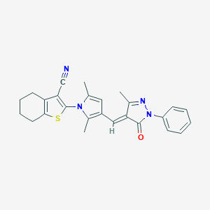 molecular formula C26H24N4OS B299173 2-{2,5-dimethyl-3-[(3-methyl-5-oxo-1-phenyl-1,5-dihydro-4H-pyrazol-4-ylidene)methyl]-1H-pyrrol-1-yl}-4,5,6,7-tetrahydro-1-benzothiophene-3-carbonitrile 
