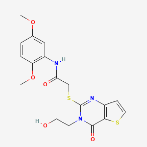 molecular formula C18H19N3O5S2 B2991730 N-(2,5-dimethoxyphenyl)-2-((3-(2-hydroxyethyl)-4-oxo-3,4-dihydrothieno[3,2-d]pyrimidin-2-yl)thio)acetamide CAS No. 1795190-44-1