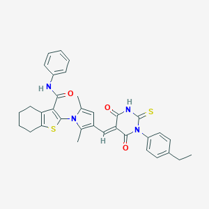 molecular formula C34H32N4O3S2 B299174 2-{3-[(1-(4-ethylphenyl)-4,6-dioxo-2-thioxotetrahydro-5(2H)-pyrimidinylidene)methyl]-2,5-dimethyl-1H-pyrrol-1-yl}-N-phenyl-4,5,6,7-tetrahydro-1-benzothiophene-3-carboxamide 