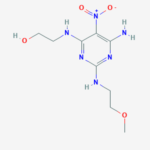 molecular formula C9H16N6O4 B2991746 2-[[6-Amino-2-(2-methoxyethylamino)-5-nitropyrimidin-4-yl]amino]ethanol CAS No. 587012-42-8