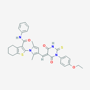 molecular formula C34H32N4O4S2 B299175 2-{3-[(1-(4-ethoxyphenyl)-4,6-dioxo-2-thioxotetrahydro-5(2H)-pyrimidinylidene)methyl]-2,5-dimethyl-1H-pyrrol-1-yl}-N-phenyl-4,5,6,7-tetrahydro-1-benzothiophene-3-carboxamide 