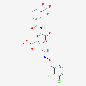 molecular formula C24H17Cl2F3N2O6 B2991760 methyl 6-(2-{[(2,3-dichlorobenzyl)oxy]imino}ethyl)-2-oxo-3-{[3-(trifluoromethyl)benzoyl]amino}-2H-pyran-5-carboxylate CAS No. 341966-44-7