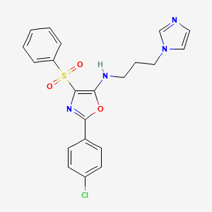 molecular formula C21H19ClN4O3S B2991820 4-(benzenesulfonyl)-2-(4-chlorophenyl)-N-(3-imidazol-1-ylpropyl)-1,3-oxazol-5-amine CAS No. 519149-23-6