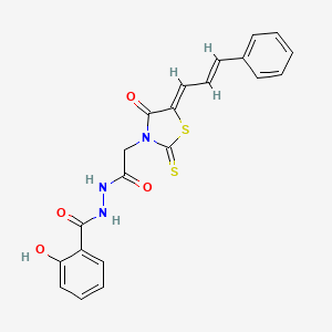 molecular formula C21H17N3O4S2 B2991835 2-羟基-N'-(2-((Z)-4-氧代-5-((E)-3-苯丙烯亚基)-2-硫代噻唑烷-3-基)乙酰)苯甲酰肼 CAS No. 682765-61-3