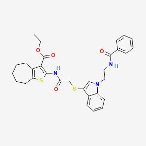 molecular formula C31H33N3O4S2 B2991850 ethyl 2-(2-((1-(2-benzamidoethyl)-1H-indol-3-yl)thio)acetamido)-5,6,7,8-tetrahydro-4H-cyclohepta[b]thiophene-3-carboxylate CAS No. 532969-91-8
