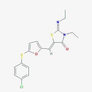 molecular formula C18H17ClN2O2S2 B299190 5-({5-[(4-Chlorophenyl)sulfanyl]-2-furyl}methylene)-3-ethyl-2-(ethylimino)-1,3-thiazolidin-4-one 