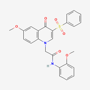 molecular formula C25H22N2O6S B2991930 2-[3-(benzenesulfonyl)-6-methoxy-4-oxoquinolin-1-yl]-N-(2-methoxyphenyl)acetamide CAS No. 866588-94-5