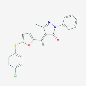 molecular formula C21H15ClN2O2S B299195 4-({5-[(4-chlorophenyl)sulfanyl]-2-furyl}methylene)-5-methyl-2-phenyl-2,4-dihydro-3H-pyrazol-3-one 