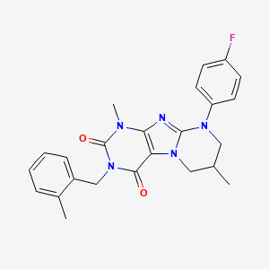 molecular formula C24H24FN5O2 B2991960 9-(4-fluorophenyl)-1,7-dimethyl-3-[(2-methylphenyl)methyl]-7,8-dihydro-6H-purino[7,8-a]pyrimidine-2,4-dione CAS No. 893963-08-1