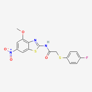 molecular formula C16H12FN3O4S2 B2991997 2-((4-氟苯基)硫代)-N-(4-甲氧基-6-硝基苯并[d]噻唑-2-基)乙酰胺 CAS No. 895489-93-7