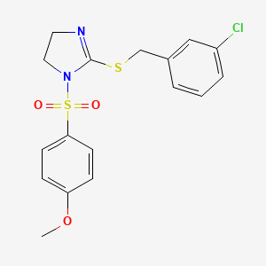 molecular formula C17H17ClN2O3S2 B2992011 2-[(3-Chlorophenyl)methylsulfanyl]-1-(4-methoxyphenyl)sulfonyl-4,5-dihydroimidazole CAS No. 868218-89-7
