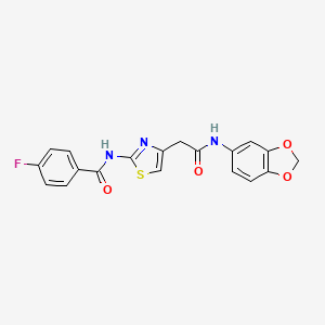 molecular formula C19H14FN3O4S B2992019 N-(4-(2-(benzo[d][1,3]dioxol-5-ylamino)-2-oxoethyl)thiazol-2-yl)-4-fluorobenzamide CAS No. 921827-26-1