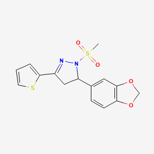 molecular formula C15H14N2O4S2 B2992032 5-(benzo[d][1,3]dioxol-5-yl)-1-(methylsulfonyl)-3-(thiophen-2-yl)-4,5-dihydro-1H-pyrazole CAS No. 871307-78-7