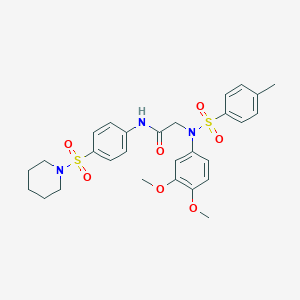 molecular formula C28H33N3O7S2 B299208 2-{3,4-dimethoxy[(4-methylphenyl)sulfonyl]anilino}-N-[4-(1-piperidinylsulfonyl)phenyl]acetamide 