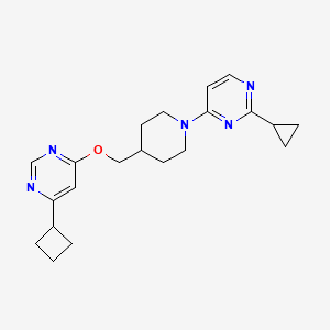 molecular formula C21H27N5O B2992097 4-Cyclobutyl-6-[[1-(2-cyclopropylpyrimidin-4-yl)piperidin-4-yl]methoxy]pyrimidine CAS No. 2380040-21-9