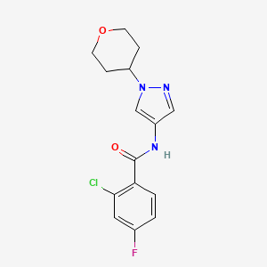 molecular formula C15H15ClFN3O2 B2992123 2-Chloro-4-fluoro-N-[1-(oxan-4-YL)pyrazol-4-YL]benzamide CAS No. 1797021-47-6