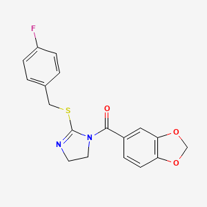 molecular formula C18H15FN2O3S B2992139 1,3-苯并二氧杂环-5-基-[2-[(4-氟苯基)甲硫烷基]-4,5-二氢咪唑-1-基]甲酮 CAS No. 851865-71-9