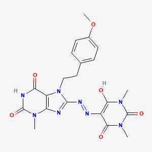 molecular formula C21H22N8O6 B2992152 5-(2-(7-(4-methoxyphenethyl)-3-methyl-2,6-dioxo-2,3,6,7-tetrahydro-1H-purin-8-yl)hydrazono)-1,3-dimethylpyrimidine-2,4,6(1H,3H,5H)-trione CAS No. 899357-97-2