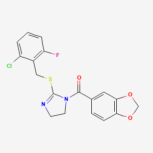 molecular formula C18H14ClFN2O3S B2992158 1,3-Benzodioxol-5-yl-[2-[(2-chloro-6-fluorophenyl)methylsulfanyl]-4,5-dihydroimidazol-1-yl]methanone CAS No. 851802-84-1