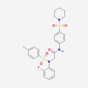 molecular formula C26H28FN3O5S2 B299216 2-{2-fluoro[(4-methylphenyl)sulfonyl]anilino}-N-[4-(piperidin-1-ylsulfonyl)phenyl]acetamide 