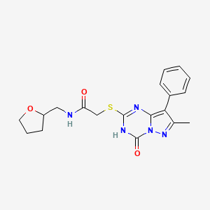 molecular formula C19H21N5O3S B2992180 2-((7-methyl-4-oxo-8-phenyl-3,4-dihydropyrazolo[1,5-a][1,3,5]triazin-2-yl)thio)-N-((tetrahydrofuran-2-yl)methyl)acetamide CAS No. 946247-60-5