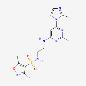 molecular formula C16H21N7O3S B2992224 3,5-dimethyl-N-(2-((2-methyl-6-(2-methyl-1H-imidazol-1-yl)pyrimidin-4-yl)amino)ethyl)isoxazole-4-sulfonamide CAS No. 1170963-13-9
