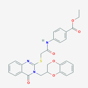 molecular formula C28H25N3O6S B2992237 4-(2-((3-((2,3-二氢苯并[b][1,4]二氧杂环-2-基)甲基)-4-氧代-3,4-二氢喹唑啉-2-基)硫代)乙酰氨基)苯甲酸乙酯 CAS No. 443351-00-6