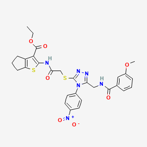 molecular formula C29H28N6O7S2 B2992307 ethyl 2-(2-((5-((3-methoxybenzamido)methyl)-4-(4-nitrophenyl)-4H-1,2,4-triazol-3-yl)thio)acetamido)-5,6-dihydro-4H-cyclopenta[b]thiophene-3-carboxylate CAS No. 393807-27-7