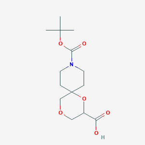 molecular formula C14H23NO6 B2992377 9-[(2-Methylpropan-2-yl)oxycarbonyl]-1,4-dioxa-9-azaspiro[5.5]undecane-2-carboxylic acid CAS No. 2413882-87-6