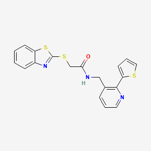 molecular formula C19H15N3OS3 B2992391 2-(benzo[d]thiazol-2-ylthio)-N-((2-(thiophen-2-yl)pyridin-3-yl)methyl)acetamide CAS No. 2034399-45-4