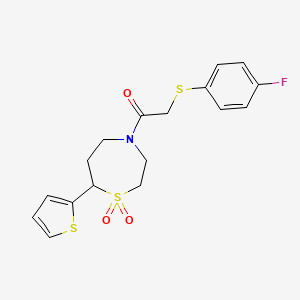 molecular formula C17H18FNO3S3 B2992398 1-(1,1-Dioxido-7-(thiophen-2-yl)-1,4-thiazepan-4-yl)-2-((4-fluorophenyl)thio)ethanone CAS No. 2034307-44-1