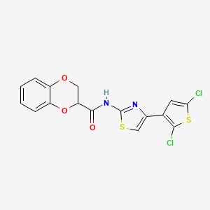 molecular formula C16H10Cl2N2O3S2 B2992448 N-(4-(2,5-二氯噻吩-3-基)噻唑-2-基)-2,3-二氢苯并[b][1,4]二噁烷-2-羧酰胺 CAS No. 681168-56-9