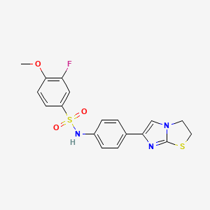 molecular formula C18H16FN3O3S2 B2992473 N-(4-(2,3-dihydroimidazo[2,1-b]thiazol-6-yl)phenyl)-3-fluoro-4-methoxybenzenesulfonamide CAS No. 893985-35-8