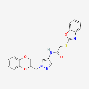 molecular formula C21H18N4O4S B2992501 2-(benzo[d]oxazol-2-ylthio)-N-(1-((2,3-dihydrobenzo[b][1,4]dioxin-2-yl)methyl)-1H-pyrazol-4-yl)acetamide CAS No. 1705189-00-9