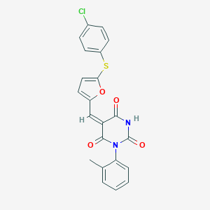 molecular formula C22H15ClN2O4S B299252 (5E)-5-({5-[(4-chlorophenyl)sulfanyl]furan-2-yl}methylidene)-1-(2-methylphenyl)pyrimidine-2,4,6(1H,3H,5H)-trione 