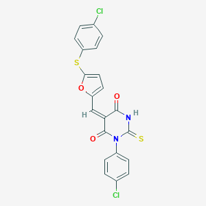 molecular formula C21H12Cl2N2O3S2 B299254 (5E)-1-(4-chlorophenyl)-5-({5-[(4-chlorophenyl)sulfanyl]furan-2-yl}methylidene)-2-thioxodihydropyrimidine-4,6(1H,5H)-dione 