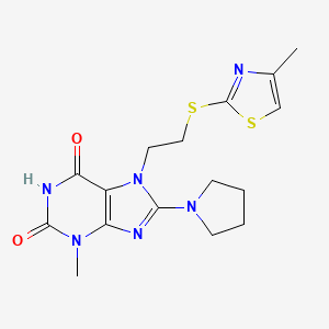 molecular formula C16H20N6O2S2 B2992576 3-methyl-7-(2-((4-methylthiazol-2-yl)thio)ethyl)-8-(pyrrolidin-1-yl)-1H-purine-2,6(3H,7H)-dione CAS No. 476482-59-4