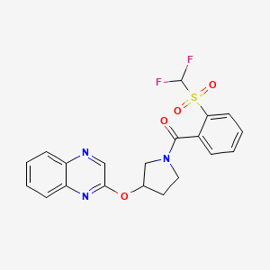 molecular formula C20H17F2N3O4S B2992654 2-{[1-(2-二氟甲磺酰基苯甲酰)吡咯烷-3-基]氧基}喹喔啉 CAS No. 2097904-26-0