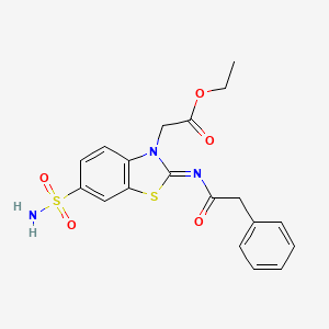 molecular formula C19H19N3O5S2 B2992671 Ethyl 2-[2-(2-phenylacetyl)imino-6-sulfamoyl-1,3-benzothiazol-3-yl]acetate CAS No. 865248-38-0