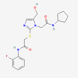 molecular formula C19H23FN4O3S B2992706 N-环戊基-2-(2-((2-((2-氟苯基)氨基)-2-氧代乙基)硫代)-5-(羟甲基)-1H-咪唑-1-基)乙酰胺 CAS No. 921844-99-7