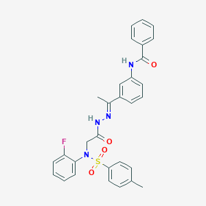 molecular formula C30H27FN4O4S B299280 N-{3-[N-({2-fluoro[(4-methylphenyl)sulfonyl]anilino}acetyl)ethanehydrazonoyl]phenyl}benzamide 