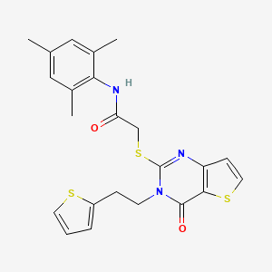 molecular formula C23H23N3O2S3 B2992829 2-({4-oxo-3-[2-(thiophen-2-yl)ethyl]-3,4-dihydrothieno[3,2-d]pyrimidin-2-yl}sulfanyl)-N-(2,4,6-trimethylphenyl)acetamide CAS No. 1260925-01-6