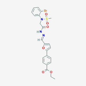 molecular formula C23H22BrN3O6S B299283 4-[5-({2-[(2-Bromo-phenyl)-methanesulfonyl-amino]-acetyl}-hydrazonomethyl)-furan-2-yl]-benzoic acid ethyl ester 