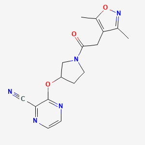 molecular formula C16H17N5O3 B2992843 3-((1-(2-(3,5-Dimethylisoxazol-4-yl)acetyl)pyrrolidin-3-yl)oxy)pyrazine-2-carbonitrile CAS No. 2034576-11-7