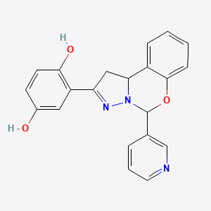 molecular formula C21H17N3O3 B2992844 2-(5-(pyridin-3-yl)-5,10b-dihydro-1H-benzo[e]pyrazolo[1,5-c][1,3]oxazin-2-yl)benzene-1,4-diol CAS No. 899984-93-1
